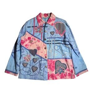 Vtg 1990s Breckenridge Blue Pink Heart Butterfly Applique Patchwork Jacket Sz S